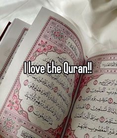 an open book with the words i love the quran