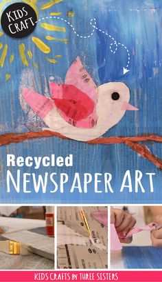 Recycled Newspaper Art for Kids Newspaper Art For Kids, Recycled Crafts Kids Projects, Recycled Crafts Kids, Recycled Art Projects, Party Streamers, Art Lessons For Kids, Newspaper Crafts, Bird Crafts