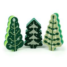 three wooden christmas trees with snowflakes on them and one has a green tree