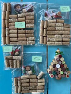 several wine corks are arranged on a blue surface