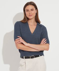 CHAIN REACTION With the sultry drape of chainlink stitch meets flattering polo cut, our EcoFlax is our most innovative knit of the season. We love the way the polo collar and feminine silhouette reinforce the hard-meets-soft harmony of this impeccable, surprisingly versatile piece. Chain Reaction, Satin Short, Ribbed Shorts, Satin Cami, Polo Blue, Short Sleeve Tunic, Short Sleeve Pullover, Knit Tees, Cropped Trousers