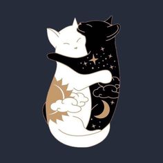 two cats hugging each other with stars and clouds in the background