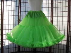 "This listing is for a custom order for a super-full double layer nylon organdy petticoat with satin waist and chiffon bottom ruffles. The pictured petticoat was designed for a 42\" (106,5cm) waist, 50\" (127cm) hips and is 25\" (63,5cm) long. It is displayed on a dress form with a 22\" (55cm) waist. You can choose any length you need. I will lengthen each of the tiers to achieve extra length. If you would prefer that I add another tier to achieve extra length, then the price will increase subst Spring Costume Petticoat With Attached Cancan, Dance Petticoat With Ruffles And Stretch, Stretch Petticoat With Ruffles For Dance, Spring Dance Petticoat With Ruffles, Green Dresses With Ruffles And Full Skirt, Fitted Green Petticoat For Spring, Green Full Skirt Dress With Ruffles, Fitted Green Petticoat For Summer, Fitted Spring Petticoat With Can-can