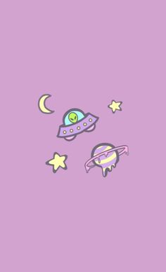 some stickers on a purple background with stars and an alien ship in the sky