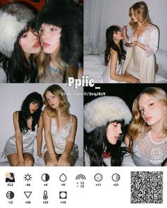 three pictures of two women in fur hats and one is kissing the other with her mouth open