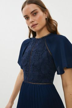 Cape Detail Pleat Midi Dress - Navy - Cape Detail Pleat Midi Dress Cocktail Midi Dress With Draped Cape Sleeves, Chic Cape Sleeves Midi Cocktail Dress, Luxury Midi Dress With Draped Cape Sleeves, Cape Sleeve Midi Dress, Blue Pre-draped Dress With Pleated Bodice, Pleat Skirt, Metallic Heels, Navy Midi Dress, Skirt Midi