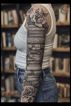 a woman's arm with books and roses on it