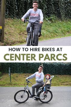 two people riding bikes with the words how to hire bikes at center parcs on them