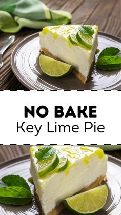 no bake key lime pie on a plate with mint leaves and lemon wedges