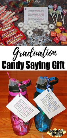 graduation candy saying gift with the words graduation candy saying gift on it and two jars filled with candies