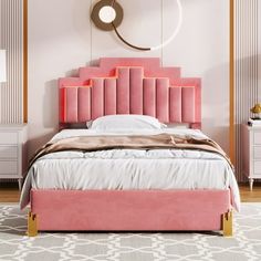 a bed with pink headboard and foot board