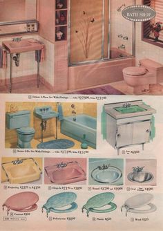 an advertisement for a bathroom with pink and blue fixtures