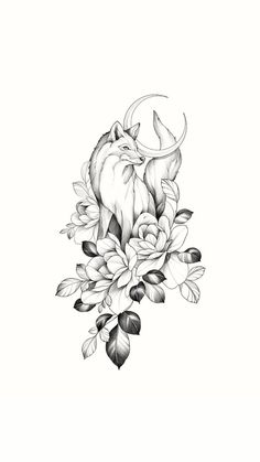 an ink drawing of a bull surrounded by flowers and leaves with the moon in the background