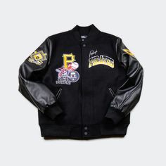 Black Throwback Outerwear For College, Black Varsity Outerwear For Outdoor, Throwback Black Varsity Jacket For Sports, Collegiate Black Outerwear For Sports Season, Black Outerwear For Sports Events, Black Varsity Jacket For Outdoor, Black Throwback Varsity Jacket For College, Black Collegiate Outerwear For College, Collegiate Black Outerwear For College