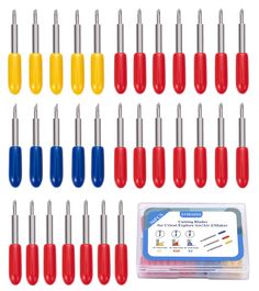 a set of screwdrives with different colors and sizes in each one, including blue, red, yellow, and white