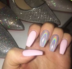 Hallographic Nails Acrylic, Nails Acrylic Blue, Hallographic Nails, Holo Nails, Disney Nails, Summer Acrylic Nails, Nails Pink, Pink Acrylic Nails, Holographic Nails