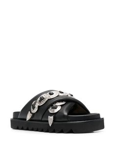 Toga Pulla disc-embellished Chunky Slides - Farfetch Luxury Leather Platform Slides, Leather Slides With Studded Rubber Outsoles, Leather Open Toe Slides With Studded Rubber Outsoles, Silver Slides With Leather Footbed, Silver Sandals With Studded Rubber Outsoles And Round Toe, Silver Slides With Removable Insole, Silver Slip-on Sandals With Leather Footbed, Silver Open Toe Sandals With Studded Rubber Outsoles, Silver Round Toe Slides With Buckle Closure