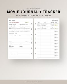 the movie journal and trackerr is shown in white with black writing on it, which includes