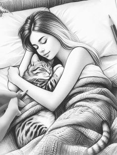 a pencil drawing of a woman laying in bed with her arm around a cat's head