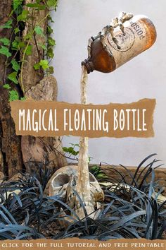 a bottle that is sitting on top of a planter next to a sign with the words, magic floating bottle click for the full view and free printable