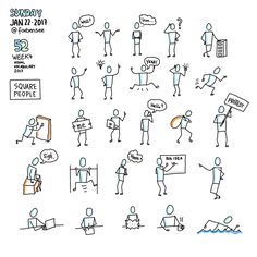 an image of people doing different things in the same drawing style, including signs and symbols