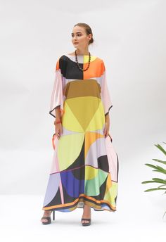 A full length kaftan plus size featured with minimalist abstract arts in style of 1970, sophisticate vibe and perfect for any holiday occasions and events. The fabric is It's totally smoothly flowy, soft and gentle touch.  FEATURES - Vibrant colors - Minimalist Abstract Print - Personal Custom Made - Full Length Kaftan Half-Sleeves - Designer Silk Kaftan - Plus Size and Custom Length - Resort Wear, Beach Wear, Lounge Wear, Pool Cover Up Kaftan - Boat Neck ( can adjust V neck if required) ------- Wedding Guest Dress Spring, Silk Kaftan Dress, Beach Wedding Guest, Comfortable Maxi Dresses, Silk Caftan, Beach Wedding Guests, Beach Wedding Guest Dress, Spring Wedding Guest Dress, Silk Kaftan