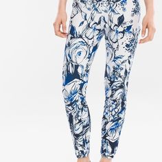 Chicos Black Label Floral Pants Size 3 Sold Out Online !!! Sleek And Oh-So Slimming, These Blooming Bold Pants Are Your New True Blues. Individual Style. Clean, Modern Lines. The Exclusive Black Label By Chico's Collection. Length: 28". Polyester, Spandex. Floral Print Stretch Ankle-length Bottoms, Floral Print Stretch Bottoms For Loungewear, White Stretch Bottoms With Floral Print, Blue Elastane Leggings For Spring, Stretch White Bottoms With Floral Print, White Floral Print Stretch Bottoms, Elegant Blue Floral Print Bottoms, Cream Pants, White Capris