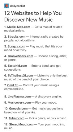 an ad with the words, 12 web sites to help you discovery new music