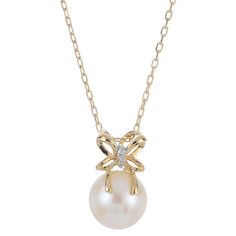 18" 14K Gold Cultured Freshwater Pearl and Diamond Bow Necklace A diamond-kissed bow sits atop the single, glowing pearl drop that makes this necklace such a sweet piece for special days, or any day.       Necklace approx. 18"L; adjustable to 16"     Drop approx.1/2"L x 1/4"W     Stamped 14K yellow gold; polished finish      Cable-link chain: spring-ring clasp    Stone Information       All sizes and weights approximate     Cultured Freshwater Pearl     White Diamond: Round; 0.009ctw; HI color, Diamond Bows, Bow Necklace, Color Bands, Pearl Drop, Spring Rings, Link Chain, White Diamond, Pearl White, Fresh Water