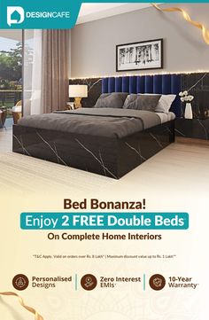 an advertisement for bed bonnaza with the text enjoy 2 free double beds on complete home interiors