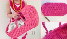 the crocheted purse is pink and has an open front pocket with two handles