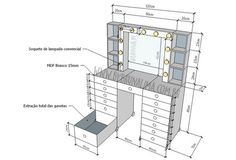 a drawing of a dressing table with drawers and mirror on it's top shelf