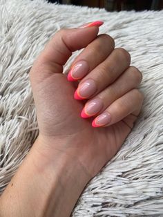 Short Almond Acrylic Nails Colorful, Nails Oval Shape Summer, Fun Pink French Tip Nails, Bright French Tips Almond, Pink And Organs Nails, Preppy Nail French Tip, Short Almond Nails Colored French Tip, Fun Summer Nails French Tips, Cute Color French Tip Nails