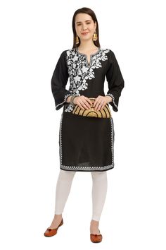 "Kashmiri Aari Embroidered Cotton Kurti.These Kurtis Is Made Of Rayon Cotton Its Embroidered With Aari Work.The Embroidery Done On This Is A Traditional Kashmiri Embroidery Known As 'Aari Work''.It Can Be Matched With Many Outfits.A Stunningly Marvellous Kurti. Product Details - Condition: Brand New - Handmade - Style: Kurti Tunic - Fabric: Ruby Cotton - Embroidery: Kashmiri Aari Embroidery - Embroidery Color: white - Kurti Length: 39\" Inch - Kurti Chest: 40'' Inch - Care Instructions: Handwash Kashmiri Kurti, Wool Winter Jacket, White Kurti, Kashmiri Embroidery, Embroidery Scarf, Style Kurti, Kurti For Women, Paisley Shawl, Kashmiri Shawls