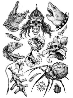 an ink drawing of skulls, flowers and other things