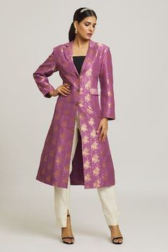 Lilac brocade long blazer coat embellished with antique buttons in silk brocade base.
Components: 1
Pattern: Embroidered
Neckline: Lapel collar
Sleeve Type: Long
Fabric: Woven Silk Brocade
Color: Purple
Other Details: 
Note: Inner and pant worn by the model is not for sale.
Occasion: Mehendi and Haldi - Aza Fashions White Long Jacket, Butterfly Jacket, Long Blazer Coat, Brocade Suits, Floral Lapel, Red Banana, Applique Jacket, Long Jackets For Women, Purple Weave