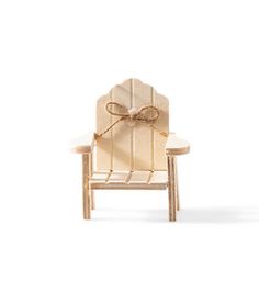 a small wooden chair with a bow on it's back end and the seat is made out of wood