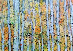 an abstract painting of trees with yellow leaves