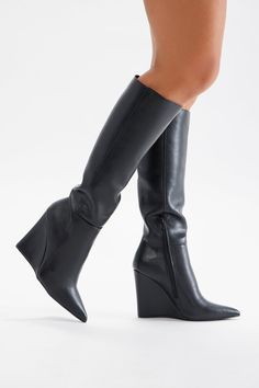 Available In Black And Cream. Knee High Heeled Boots Zipper Detail Pointed Toe Wedge Heel Ultra High Heel Imported | Adriana Knee High Boots in Black size 8.5 by Fashion Nova High Heeled Boots, High Heel Boots Knee, Black And Cream, Zipper Detail, Knee High Boots, High Boots, Wedge Heels, High Heel, Black Boots