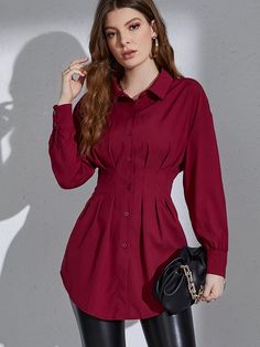 Burgundy Elegant  Long Sleeve Polyester Plain Shirt Embellished Non-Stretch Spring/Fall Women Tops, Blouses & Tee Feminine Shirts, African Blouses, Chinese Fashion Street, Girls Clothing Online, Boys And Girls Clothes, Slim Fit Top, Plain Shirt, Party Dress Short, Fashion 2024