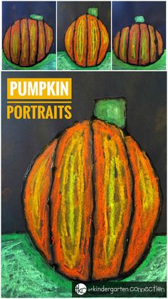 four different pictures of pumpkins with the words pumpkin portraits written on them in orange and green