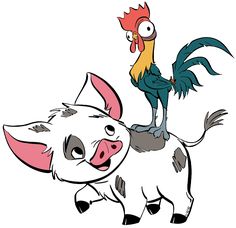 a cartoon pig with a rooster on top of it's back and another animal standing next to it