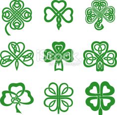 green shamrocks with hearts and knots in the shape of four leafed clovers