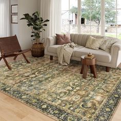 a living room filled with furniture and a large rug