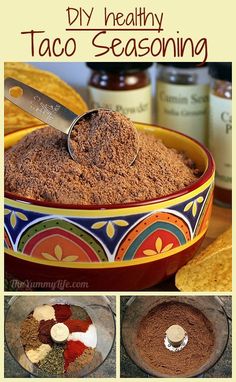 a bowl filled with mexican food next to tortilla chips and salsa sauces