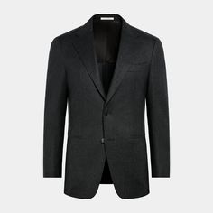 This dark grey blazer is cut to a tailored fit, providing a slim chest and waist for a fitted silhouette. It features wide notch lapel, jetted pockets, and a single-breasted closure. Elegant Gray Sport Coat With Pockets, Gray Blazer With Hidden Buttons And Suit Collar, Black Blazer With Welt Pockets For Business Meetings, Gray Tweed Jacket With Notch Lapel For Business, Gray Notch Lapel Sport Coat For Office, Formal Gray Suit With Pockets, Gray Business Blazer With Welt Pockets, Timeless Gray Blazer For Business Casual, Gray Blazer With Pressed Crease For Office