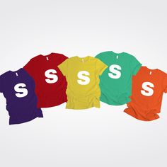 six t - shirts with the word sss printed on them, all in different colors