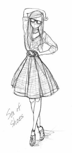 a drawing of a girl in a dress and glasses with her hands on her hips