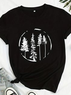 Nature-Inspired Trees Print T-Shirt: A Casual Summer/Spring Essential Nature-inspired T-shirt With Plants Print For Summer, Nature-inspired Summer T-shirt With Plant Print, Summer Nature-inspired Crew Neck T-shirt, Nature-inspired Crew Neck T-shirt For Summer, Nature-inspired Short Sleeve T-shirt For Summer, Spring Wardrobe Essentials, Trees Print, Spring Essentials, Wearing Style