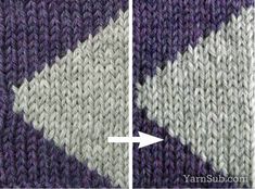 two pictures showing the same color and pattern as shown in this knitted scarf with an arrow